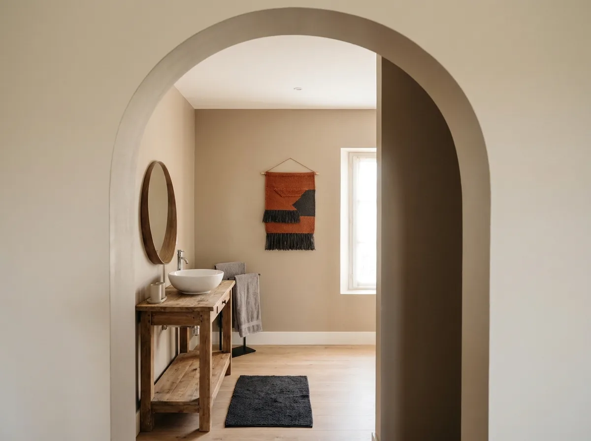 Wide arched bathroom doorway with a clear opening leading to a wood vanity in soft daylight