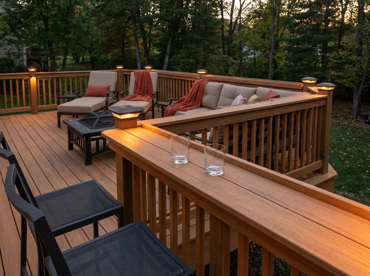 Deck Railing Ideas That Look Good and Pass Inspection 5 Wide flat drink rail and post cap lights on a wood deck at dusk