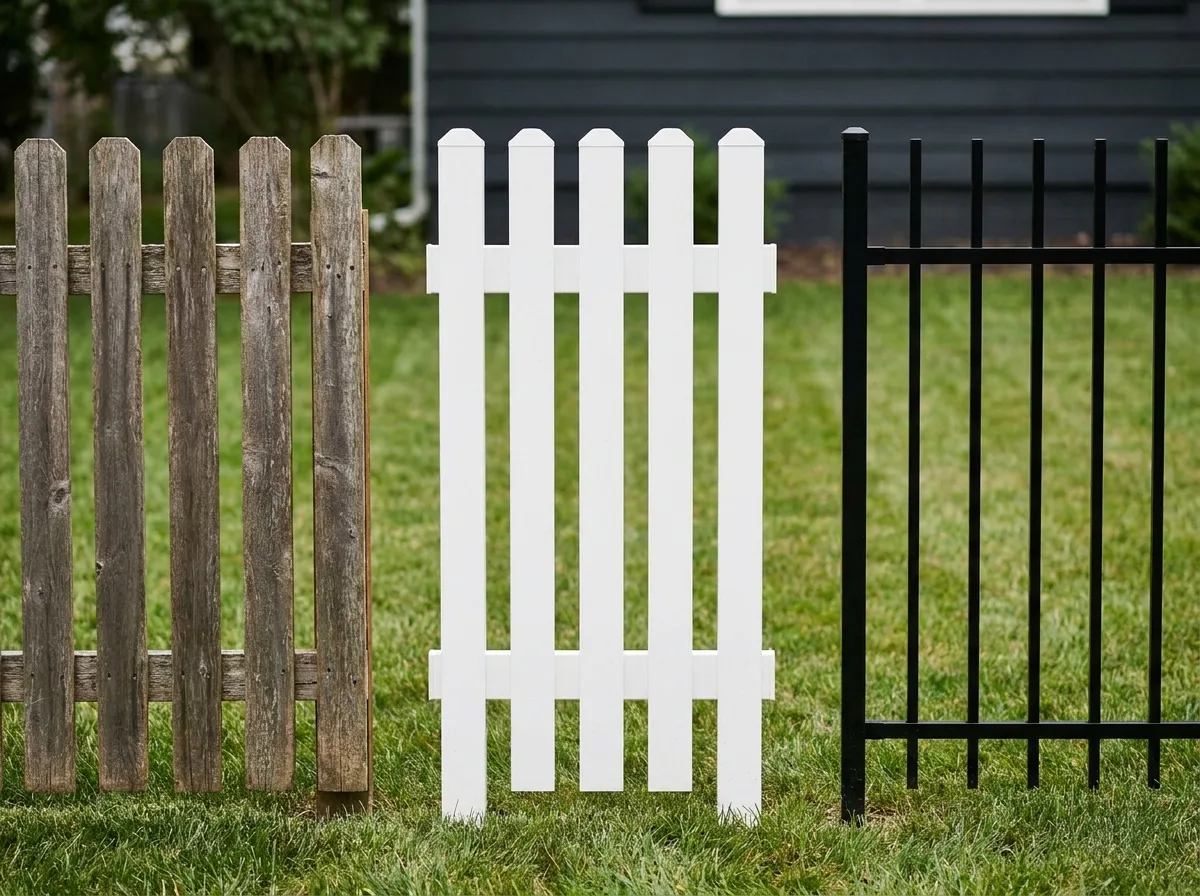 Wood, white vinyl and black aluminum picket fence sections side by side on a lawn