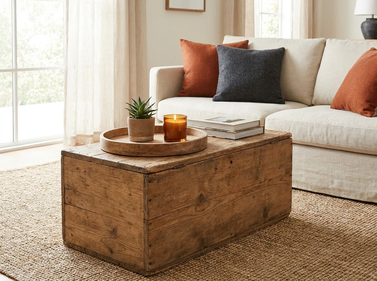 Storage Chest: How to Pick One That Is Safe, Sturdy and Stylish 4 Wooden chest used as a living room coffee table with a tray, plant and candle