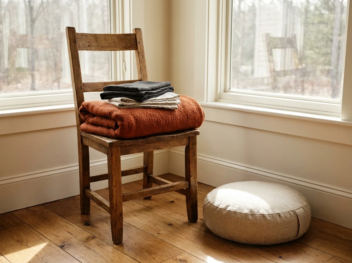 Meditation Chair Ideas That Look Good and Feel Right 2 Wooden dining chair with folded blanket and towels beside a floor cushion for a home fit test