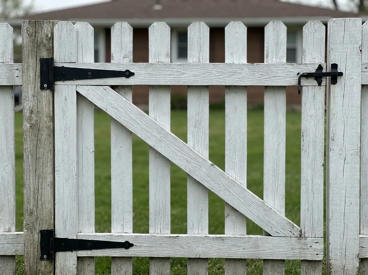 Wooden picket gate with a diagonal brace and black strap hinges on a thick post