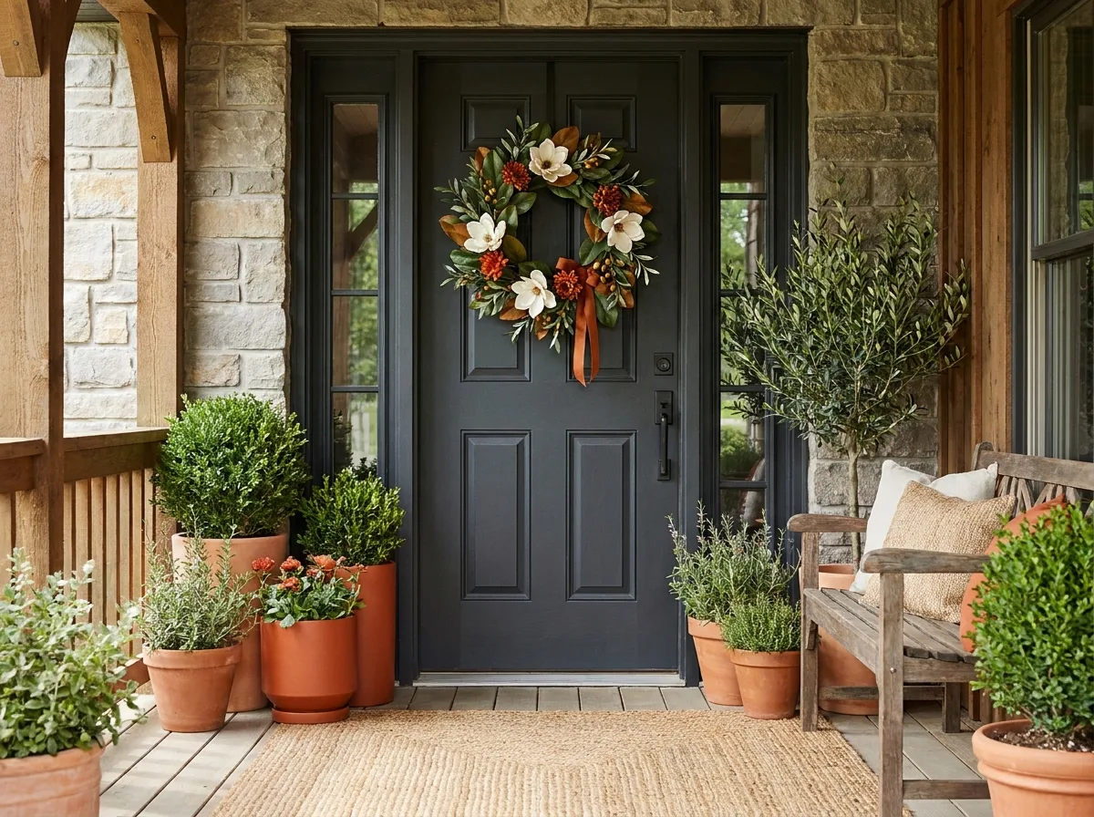 Year-round faux magnolia and olive wreath on a charcoal door under a covered porch