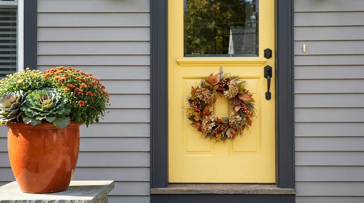 Yellow front door with a seasonal wreath beside an orange planter