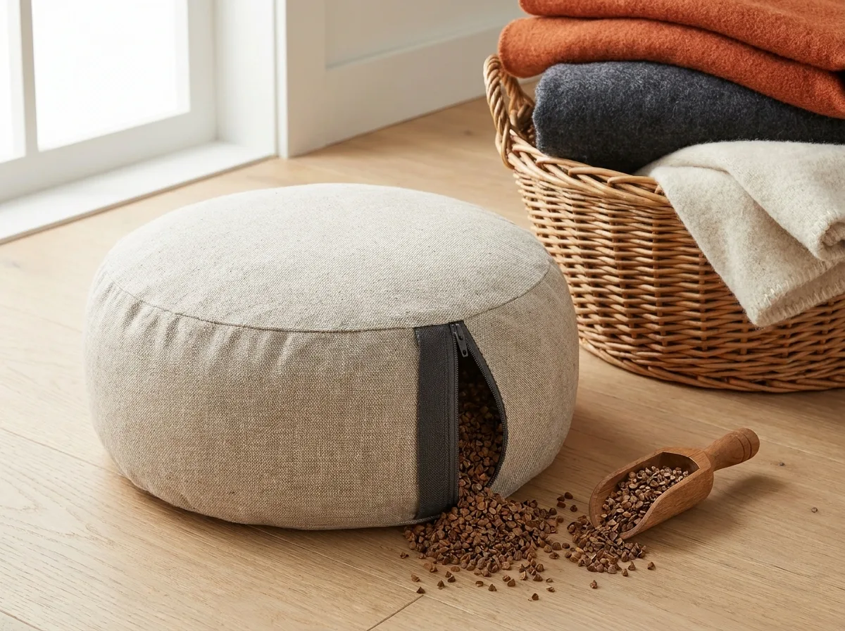 Meditation Chair Ideas That Look Good and Feel Right 5 Zafu cushion with open zipper spilling buckwheat hulls beside a basket of folded blankets